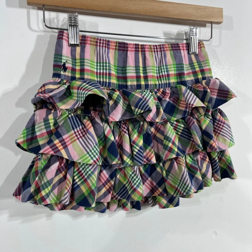Ralph Lauren Girls Madras Plaid Tiered Ruffle Skirt Size 6 Cotton Pony Logo VTG